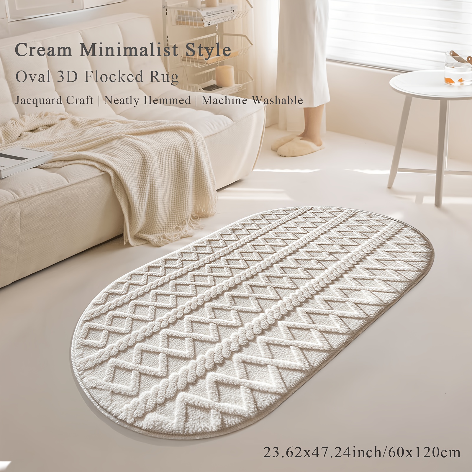 TEMU 1pc|creamy Minimalist Style|oval Embossed Velvet Rug, Bedroom Bedside Mat, Room |jacquard Craft, Soft Velvet Surface, Thickened Sponge Layer,