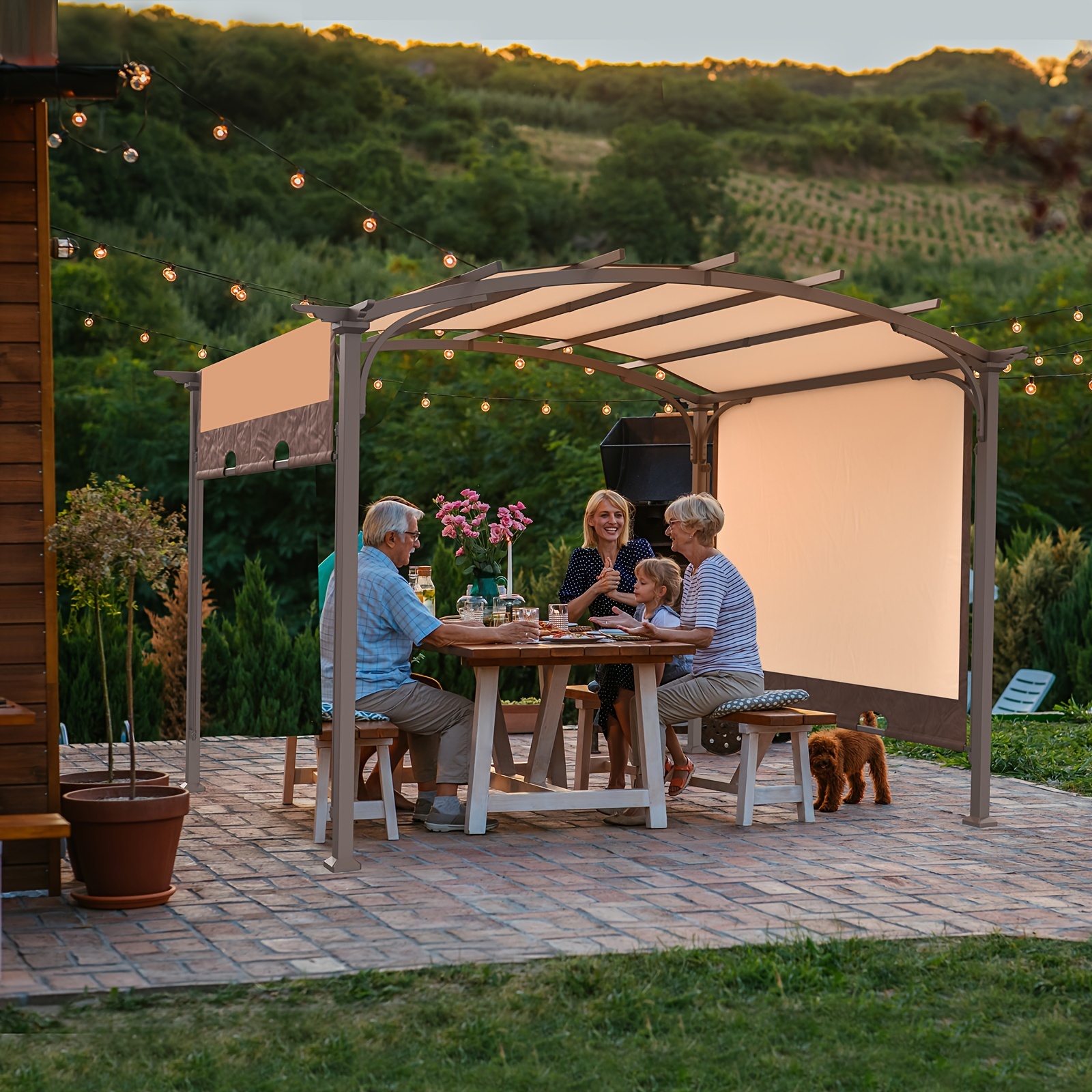 Heavy-Duty Metal Retractable Pergola with Adjustable Roof  Zippered Door Outdoor Patio Gazebo with Sturdy Khaki Canopy for D