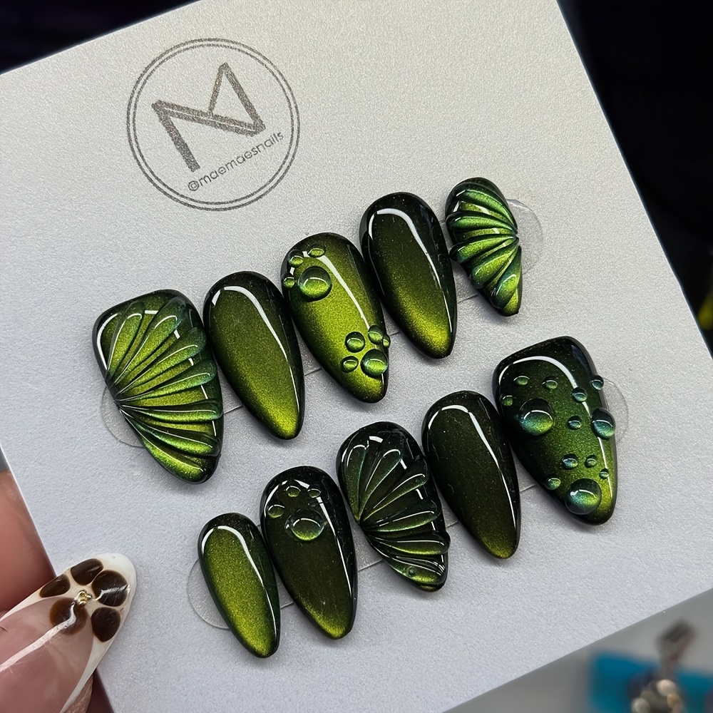 TEMU 24 piezas de joyería de uñas ponibles de . Serie plateada concha, manicura verde. Uñas postizas ponibles 3D para pegar. Manicura desmontable.