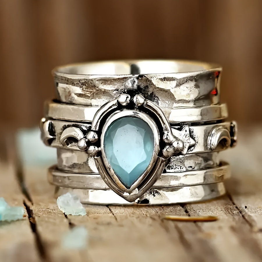 TEMU Vintage Wide Band Ring With Star And Moon Design, , Sparkling Synthetic Gemstone  Bohemian Style Copper Ring For Casual Attire, Parties, Weddings, And Gifts, Vintage Art Deco Rings And Jewelry