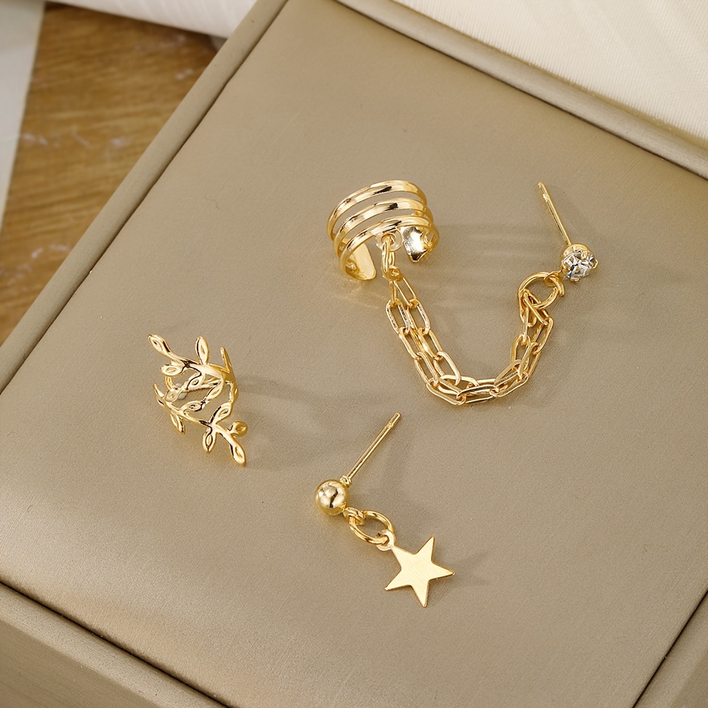 3pcs Star Chain Leaf Clip-On Earrings Set for Women