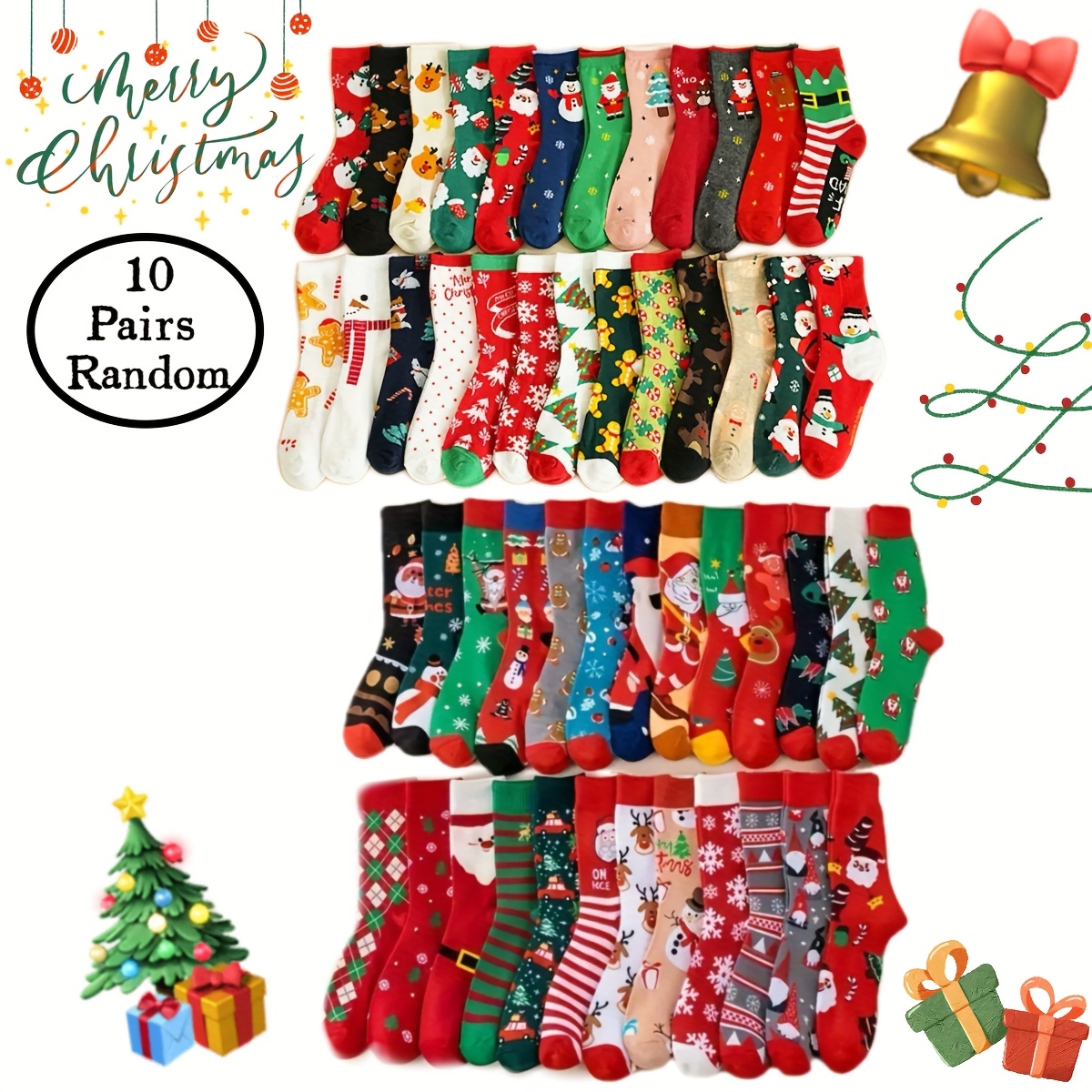 Image of 10/20 Pairs Of Random Style Christmas Socks, Featuring Snowmen, Cartoon Santa Claus, Cute And Comfortable Design, Surprise Gift, Fun To Give As A Present, Mid-calf Socks