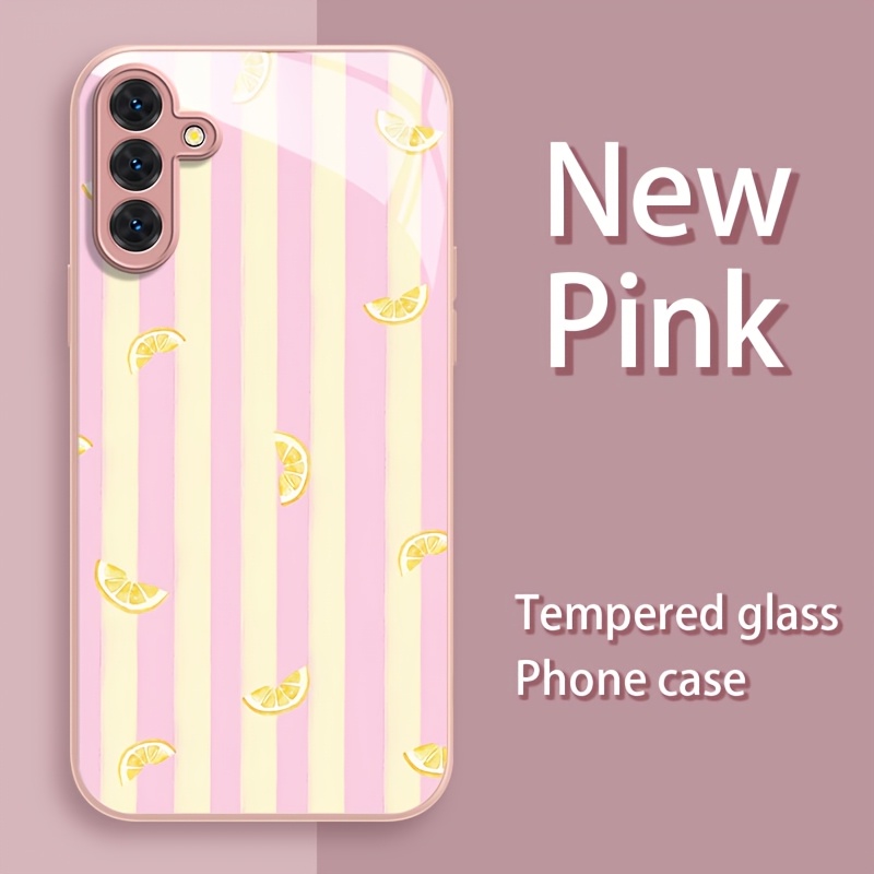 TEMU Phone Case: Fresh Pink And Yellow Striped Hand-painted Lemon Pattern Phone Case, Suitable For Galaxy A05, A05s, A06, A14, A15, A16, A22, A23,