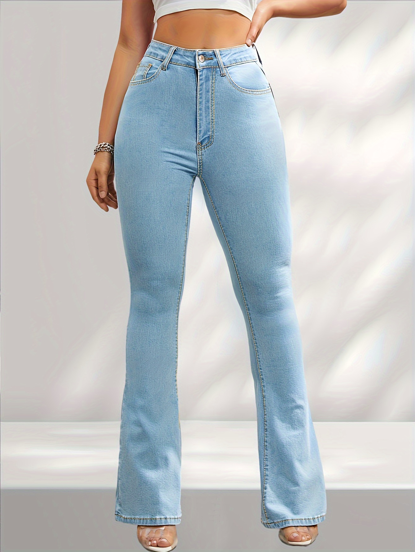 Blue High Waist Flare Jeans High Stretch Slant Pockets Slim - Temu Canada