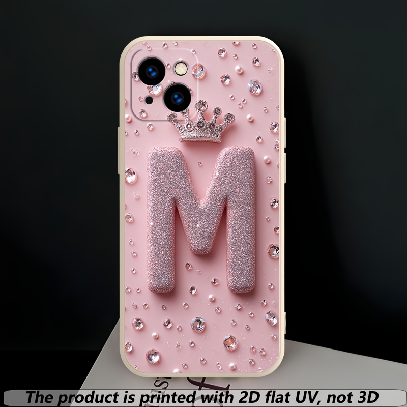 TEMU Phone Case: 2d Flat Glitter M Letter Small Crown Shiny Sweet Printed Phone Case, Suitable For Iphone 16 15 14 13 12 Pro Max 5g