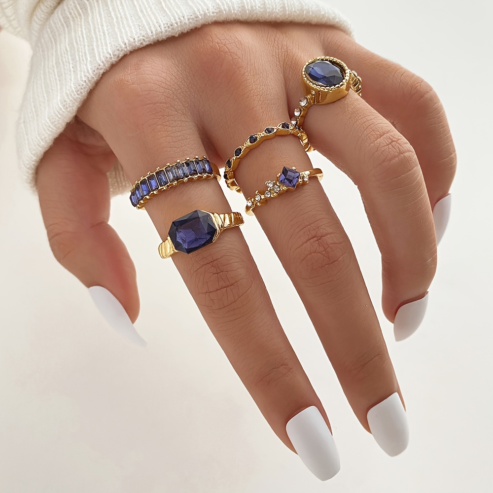 

5pcs Elegant Women's Ring Set With Blue & Purple Gemstones - Golden- Alloy, Rhinestone Accents, , Fashion Accessory|decorative Rings|blue Gemstone Rings, Jewelry Rings