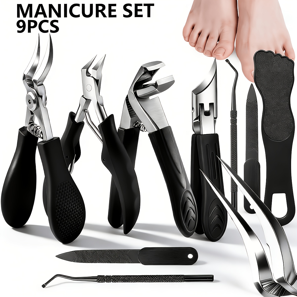 9pcs Professional Stainless Steel Nail Clipper Set - With Nail File - Heavy Duty Precision - Ergonomic Black Handle - Sharp - For Toenails And Fingernails