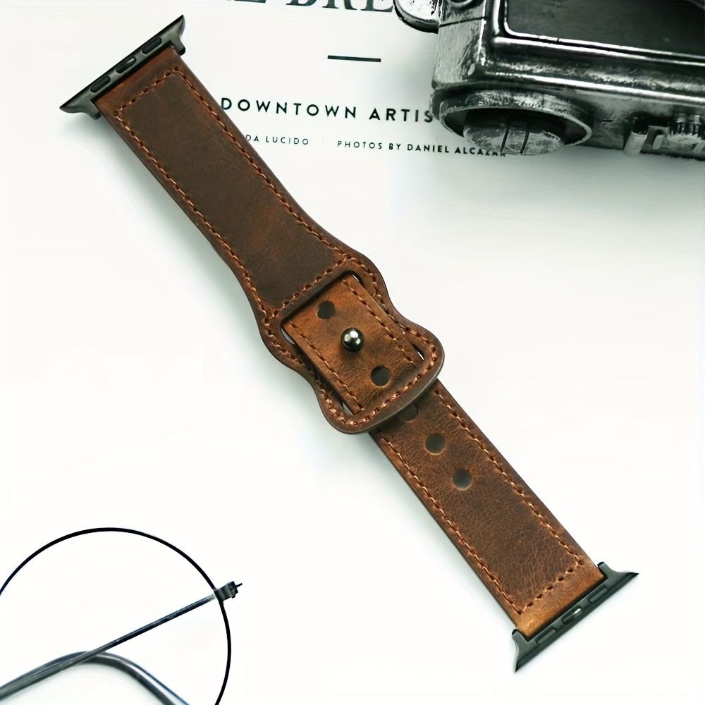 

Premium Pu Leather Crazy Horse Retro Strap For Iwatch Series 42mm/44mm/45mm/49mm - Business Style With Creative Buckle, Unisex