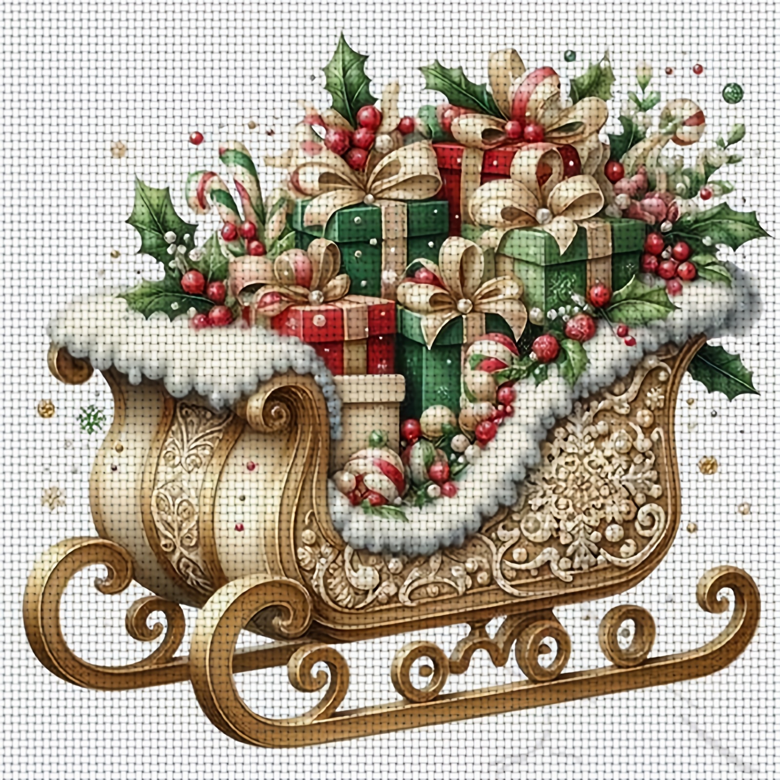 Cross Stitch Print Kit, Christmas Sleigh with Gifts Pattern