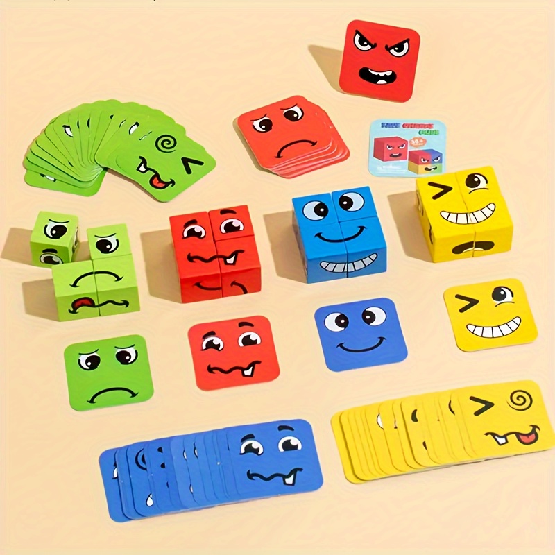 

4-in-1 Wooden Puzzle Toy For Kids Emotional Learning & Portable Party Game With Expressive Faces For Beginner