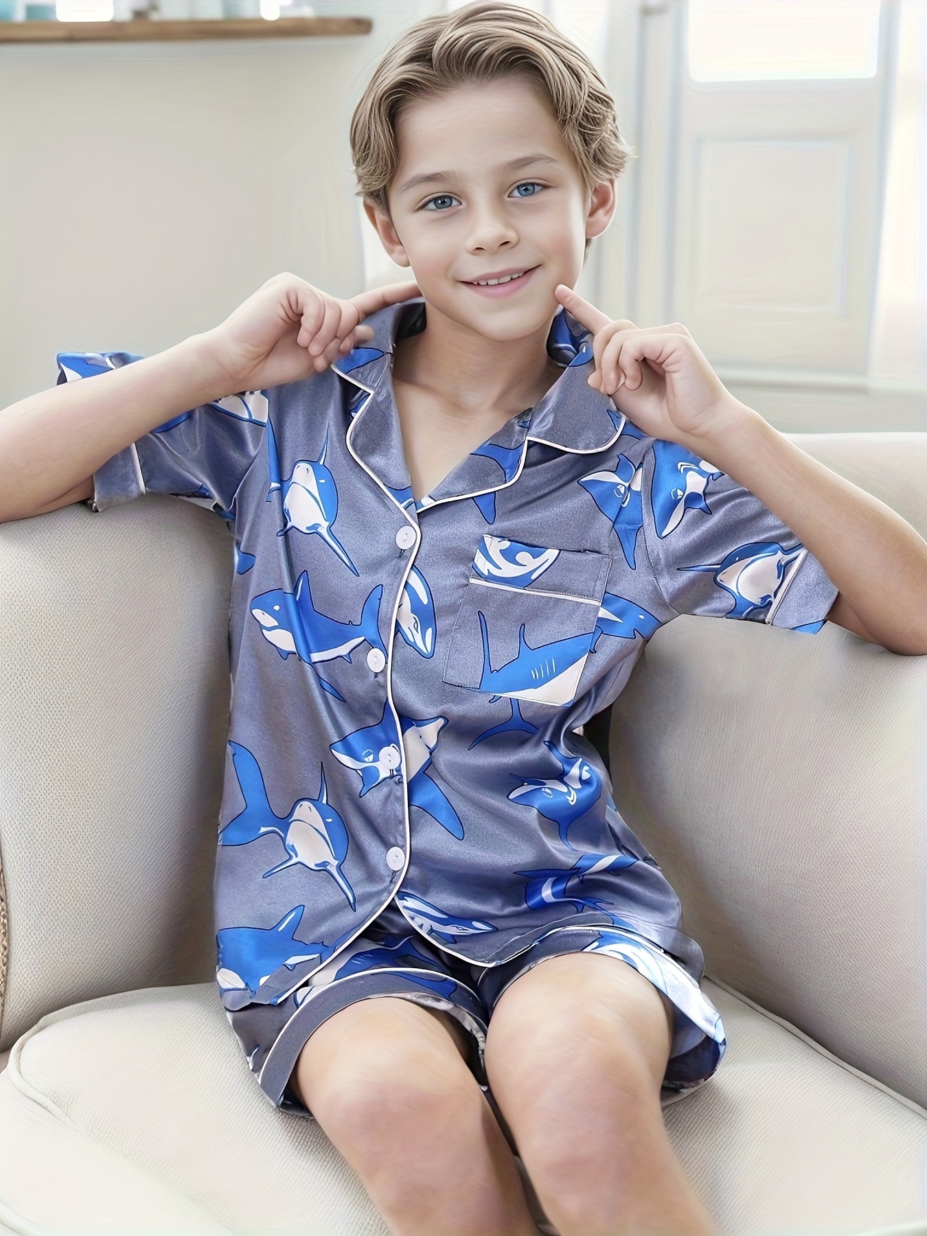2pcs Ice Silk Pajamas Set Kids Thin Short Sleeve Lapel Cardigan Top +  Shorts Little Boy Loungewear Shark Pattern Printing Summer Set