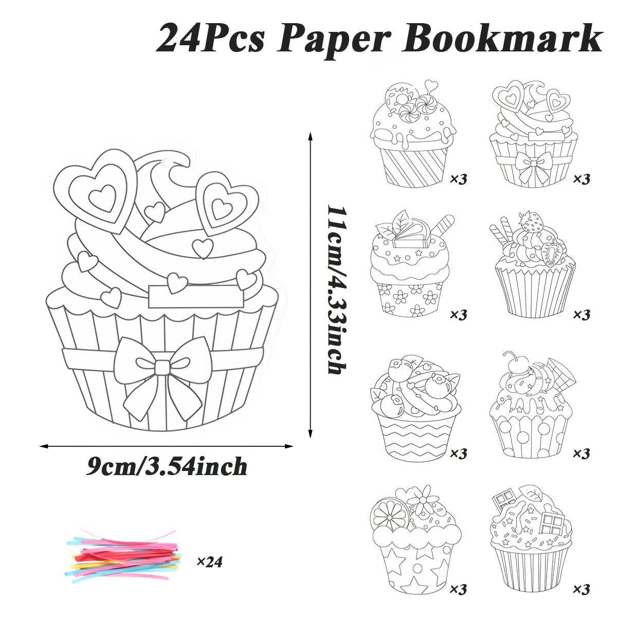 TEMU 24 pz, Segnalibri, Segnalibri di Carta con Motivo a Gelato, Carte da Colorare Vuote con Design a Gelato e Nastri, Carte Interattive, Adatte per