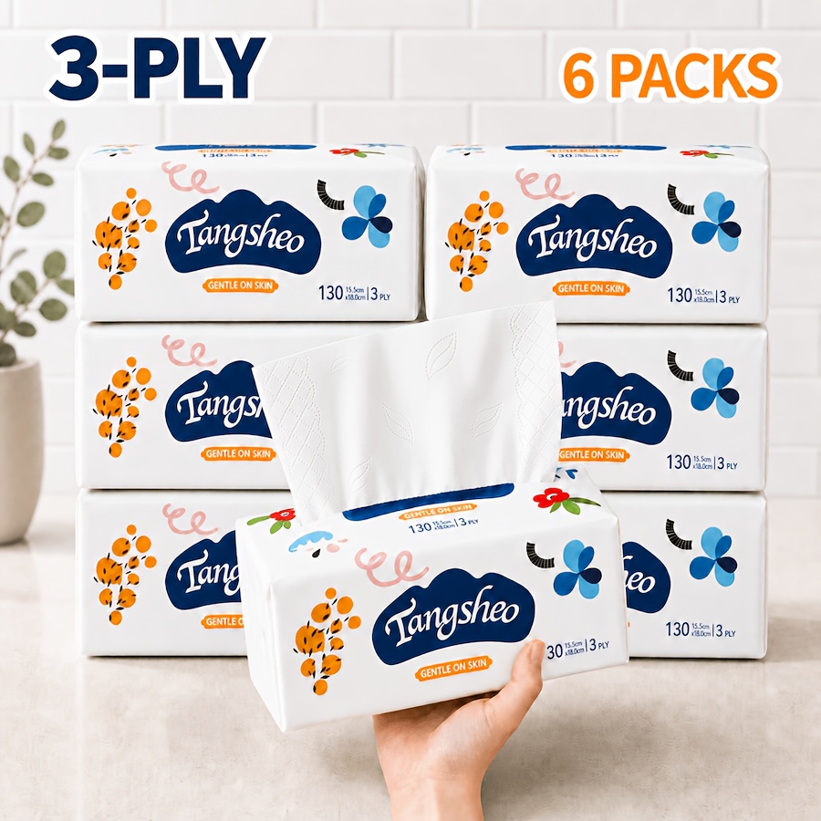 TEMU 6-pack (130 Tissues/pack) 3-ply Facial Tissues Suitable For Home, Office & Travel - Wood , Thick & Strong, Soft Blotting Papers, Suitable For