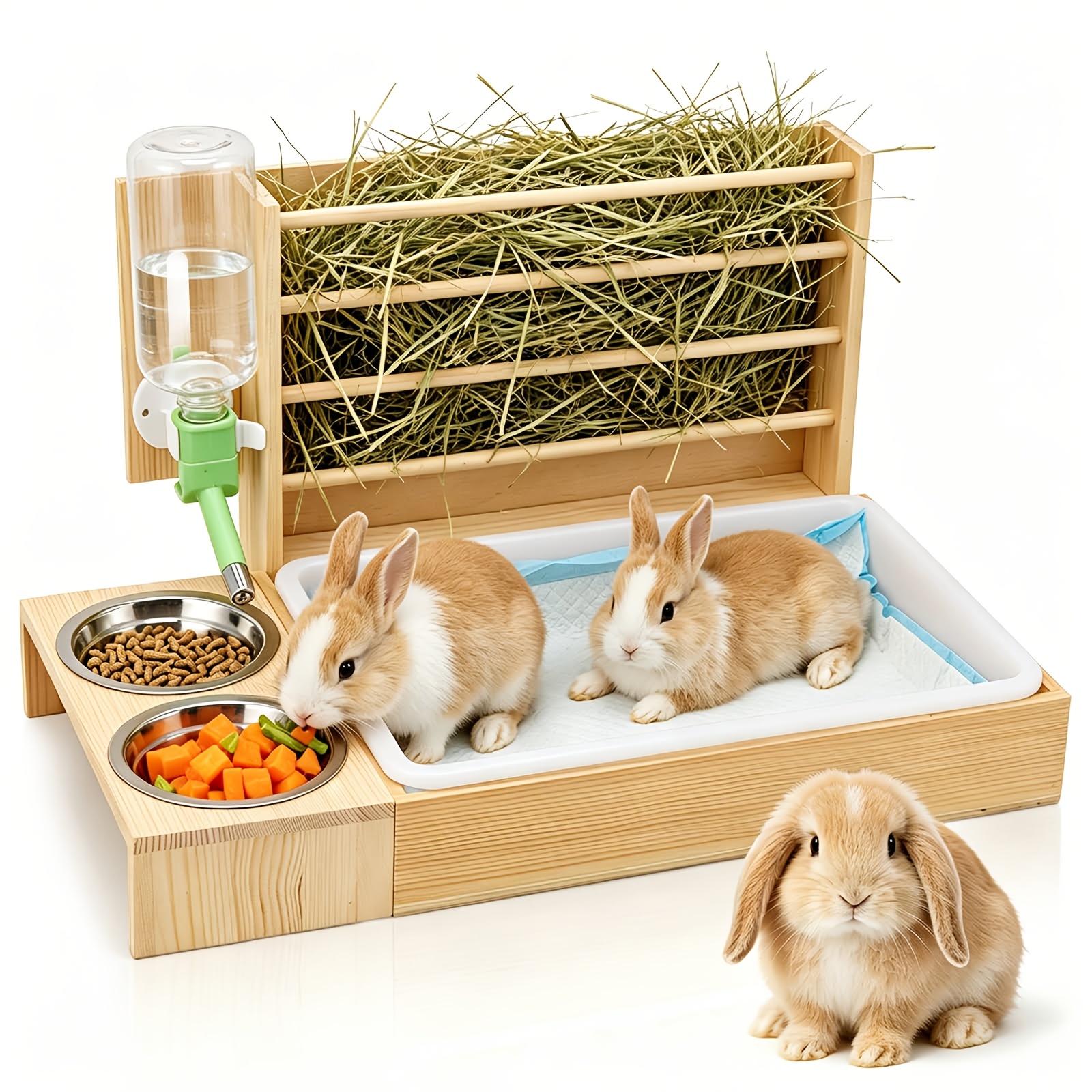 Image of 4-in-1 Wooden Hay Feeder Station With Litter Pan, 2 Bowls And Water Bottle, Small Animal Feeding And Toilet Set For Rabbits, Guinea Pigs, And