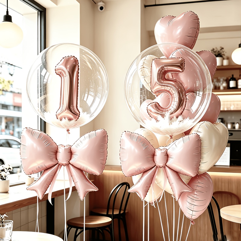 TEMU 14pcs Double Number Pink Birthday Party Balloon Set, Includes 2pcs Number Balloons, 6pcs Heart Balloons, 2pcs Bow Balloons, 2pcs Bobo Balloons,