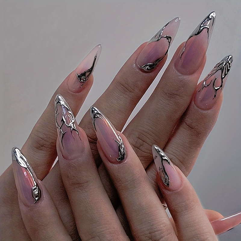 TEMU Silvery Chrome Nails, 24pcs, Long, Stiletto Heel, Press-on Nail Tips, Acrylic, Punk Style, 3d Silvery Metallic Decoration, Suitable For , And