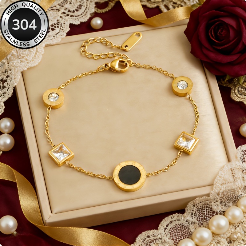 Image of Golden Stainless Steel Roman Circular Geometric Rhinestone Bracelet, European And Easy Exquisite Elegant Light Luxury Temperament Women' Commuting Dating Versatile Additions Gifts