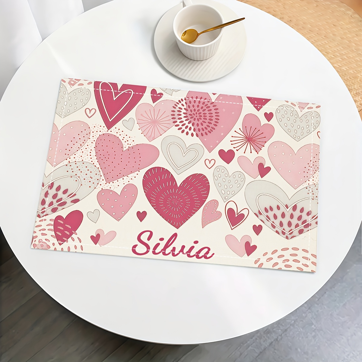 TEMU (customized) 1/2/4/6pcs Customizable Name Romantic Hand--shaped Printed Placemat, Washable Atmosphere Decorations, Sideboard Cover Cloth,