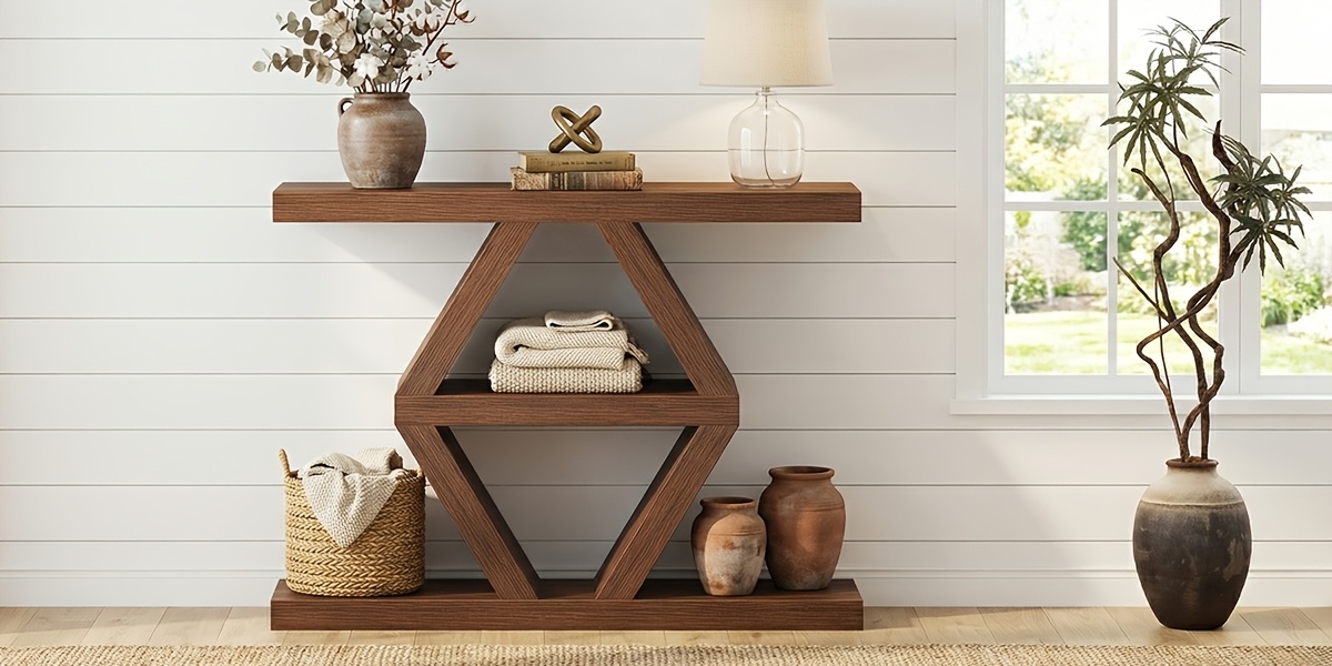 3 Tier Farmhouse Console Table for Entryway, Wooden Sofa Table Behind Couch with Storage Shelves, 39.4 Inch Narrow Rectangular Hallway Table, Rustic Foyer Table for Living Room Decor, Walnut End