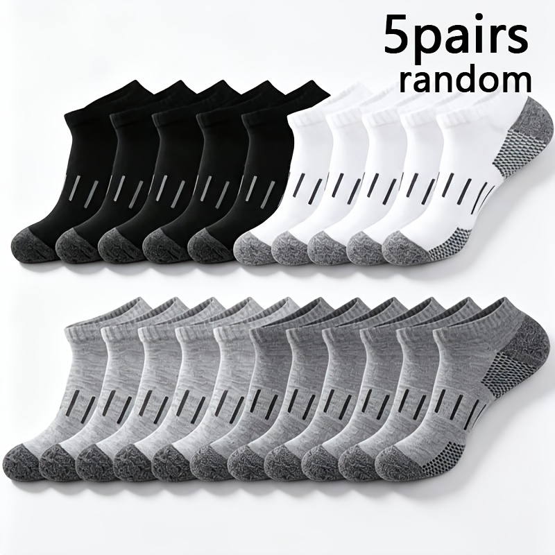 TEMU Random 10pcs (5 Pairs) Men's Moisture-wicking Sports Socks, Stretchy Ribbed, Arch Support, Breathable Design, Suitable For Basketball, Hiking,