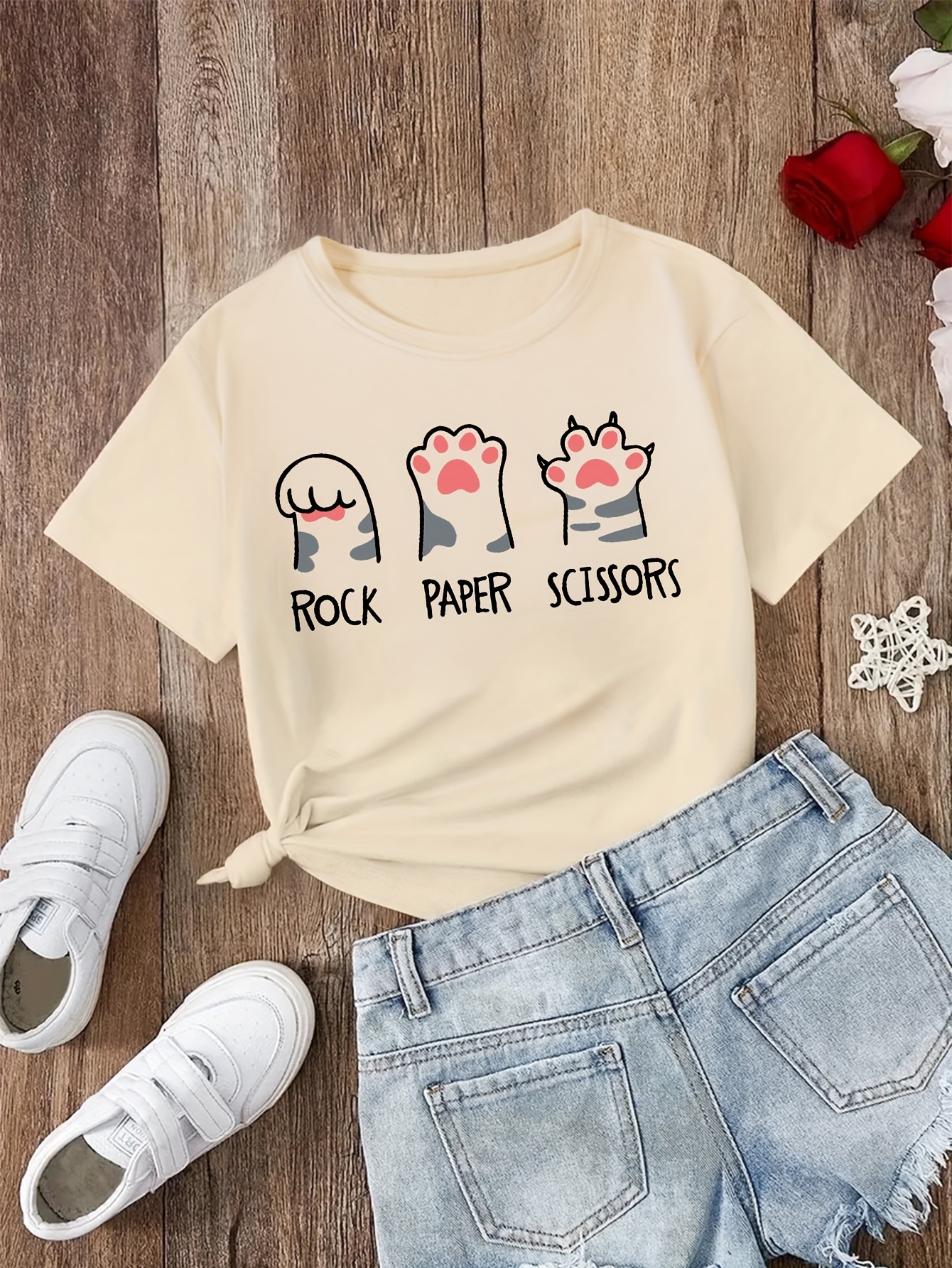 Rock Paper Scissors Cartoon Cat Paws Graphic Print Tee Tween - Temu