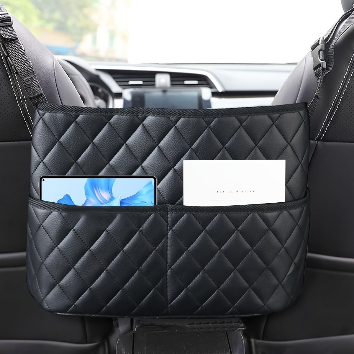 

Upgraded Black Car Seat Organizer With Quilted Design, Extra Storage, , & Fits All Armrest Boxes, Vehicle Organization | Stylish Armrest Storage | Design