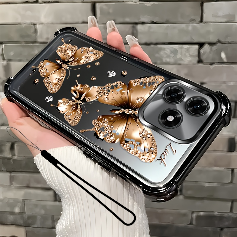 TEMU Phone Case - 2d Flat, 2pcs Set: Includes 1 Phone Case And 1 Strap, Sparkle Butterflies 2d Flat, Phone Case, Suitable X5c, Unisex Lanyard Phone