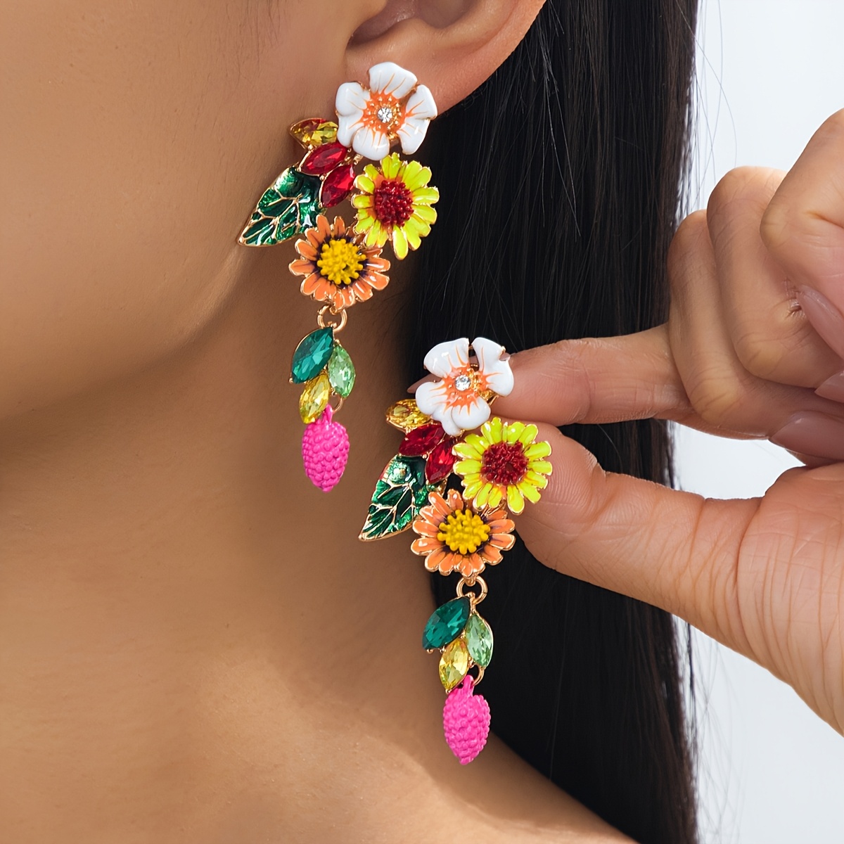 E-shop Ein Paar Leichte Luxus-Mode-Emaille-Blumenquasten-Ohrringe, Vintage Geometrische Dreidimensionale Jugendliche Schöne Süße Bohemian-Stil mit