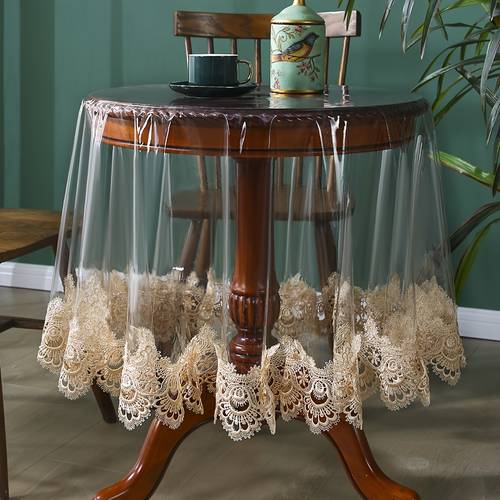1 stück eleganter braun-pfau-feder-spitze pvc runde tischdecke - luxuriöser bestickter design, für esszimmer, couchtisch, vintage-stil, partys, hochzeiten und weihnachtsdekoration, tischdekoration