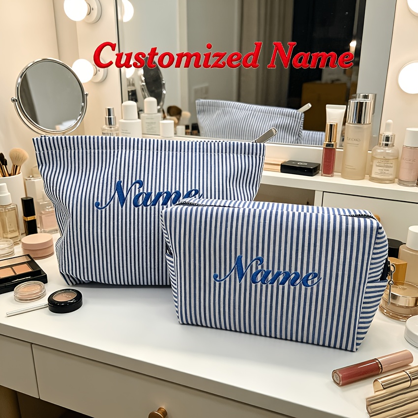 TEMU Personalized Custom 2pcs/latest Style Combination Set Personalized Striped Travel Toiletry Bag - Zippered Makeup Pouch, Portable Polyester