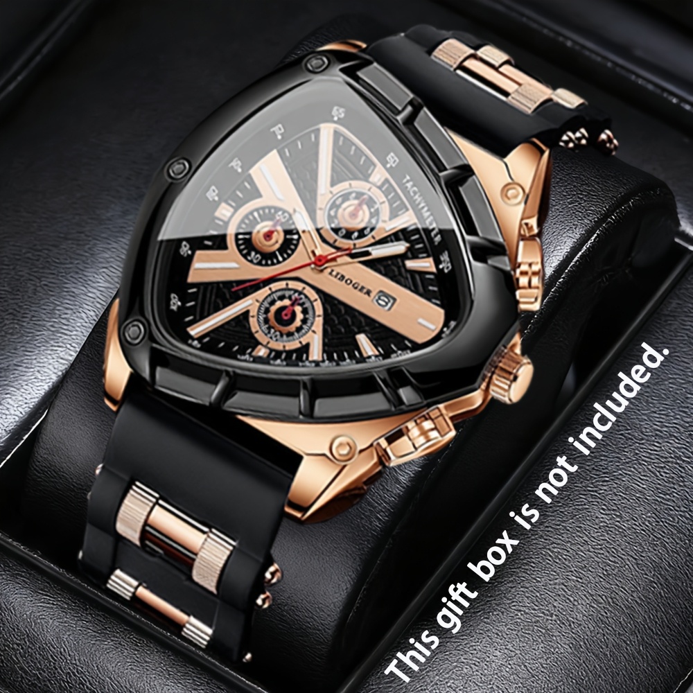 3pcs Set Men'S Quartz Watches with Silicone Strap & Date Display - Classic Triangular Dial, & Golden-Tone Case, Non-Rechargeable Battery, Casual & Sporty Wear