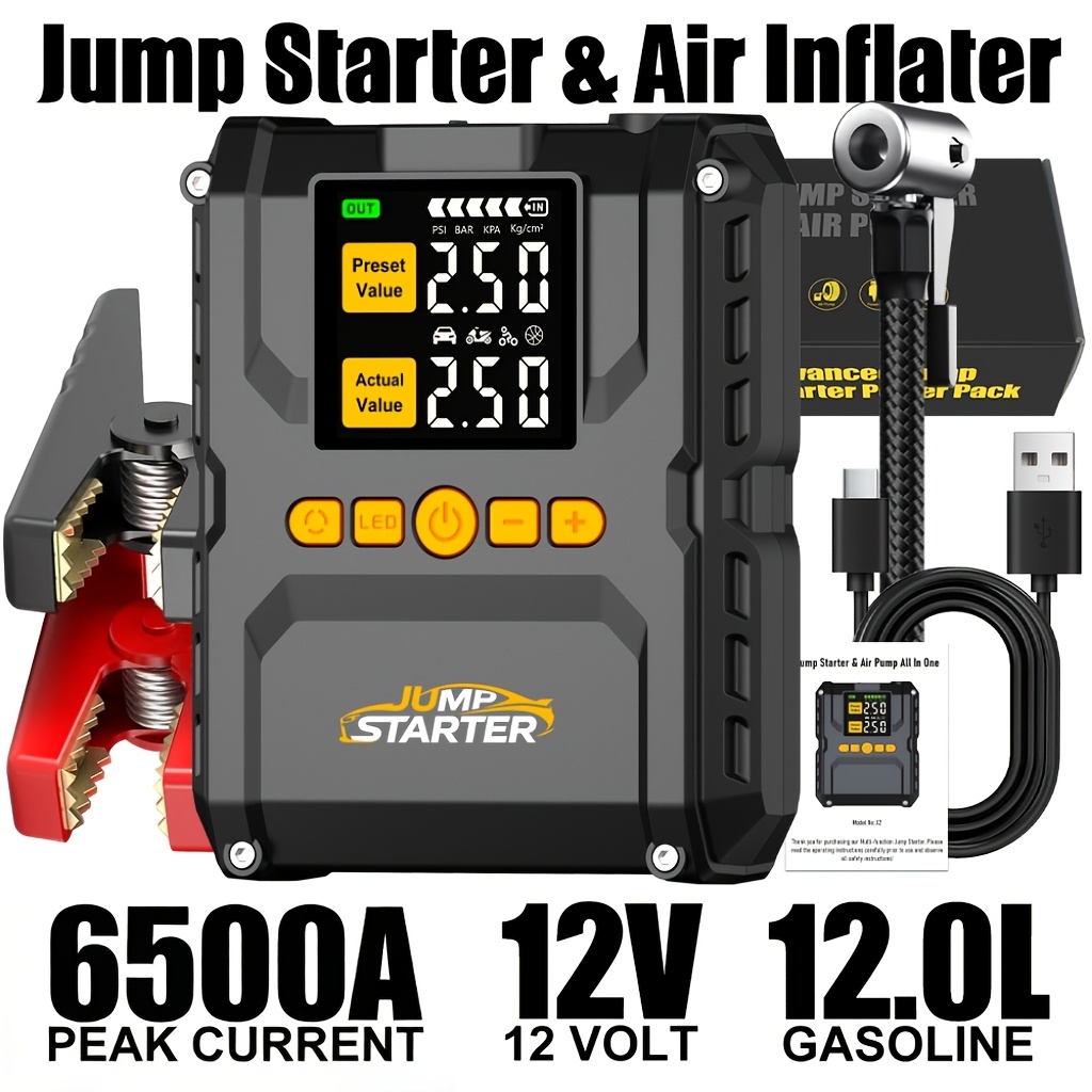 TEMU 6500a Fast Jump Starter With Integrated 150psi Tire Inflator, Portable Power Bank For Car, Led Emergency Flashlight, Protection, Qc 3.0 Usb