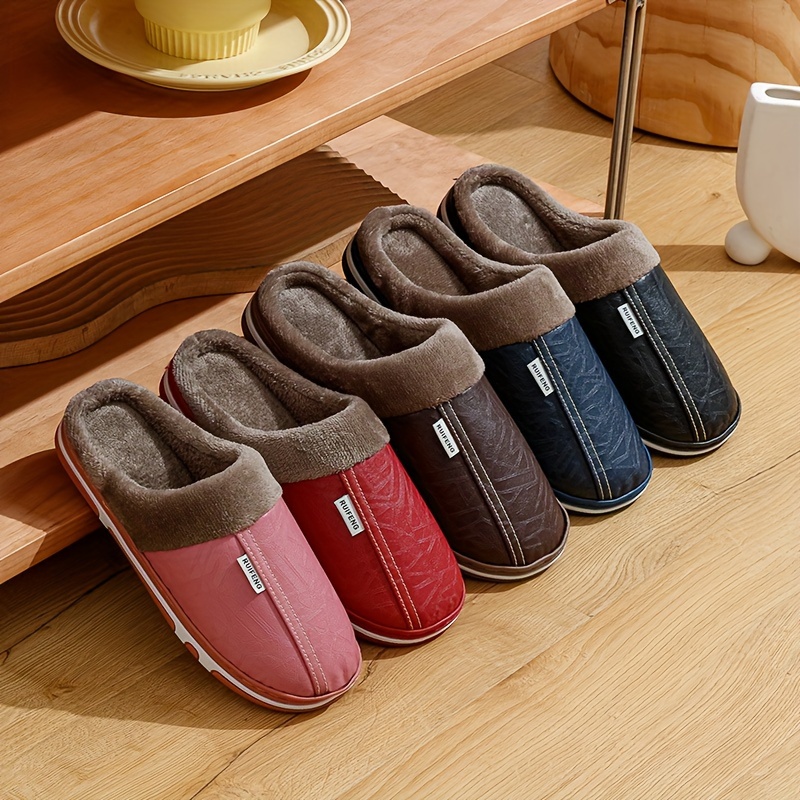 

Men's Soft Cozy House Slippers, Anti-skid Fuzz Lined Slip-on Shoes With Pu Leather Uppers For Indoor Walking, Autumn And Winter