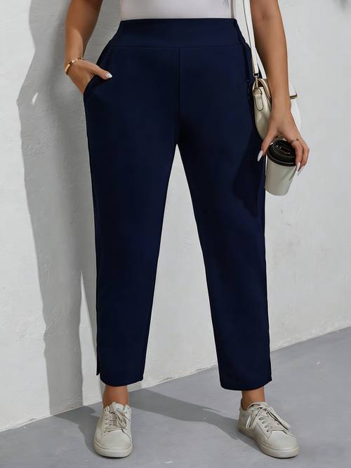 plus size plus size elegant solid color pocketed trousers cone pants wide trousers with utility pocket machine washable spring summer fall casual dressy wear solid color trousers for professional attire or everyday outfits