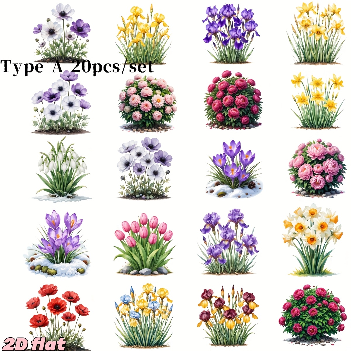 Image of A Pack Of Handmade Creative Retro Garden Flowers, Plants, , Violets, Peonies, Series 2d Flat High Quality Stickers, 2d Flat