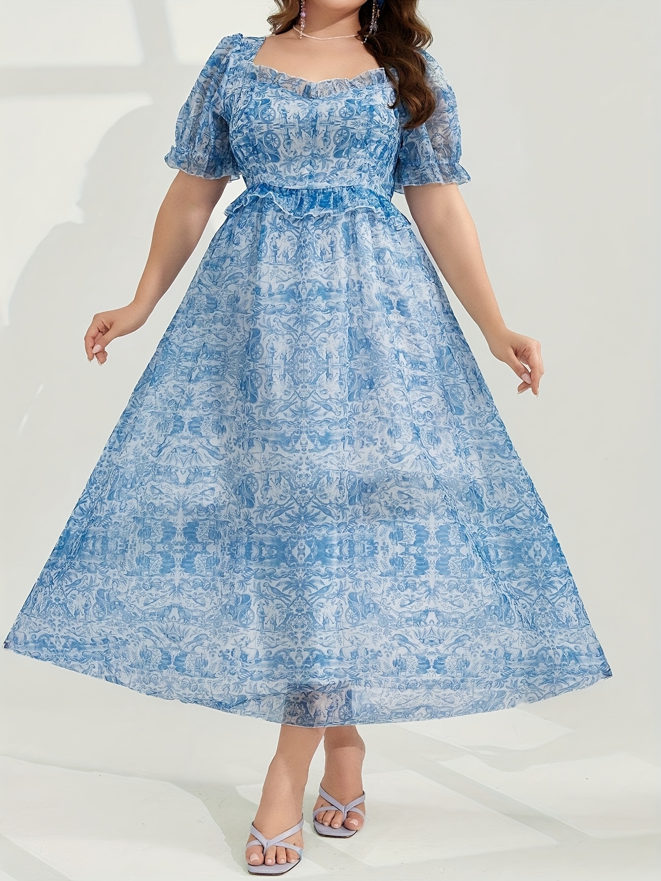 Elegante blauwe bloemen chiffon midi jurk met puff mouwen Casual  weekendkleding Wear, Polyester Blend, Casual Attire|Floral Print  Dress|Chiffon