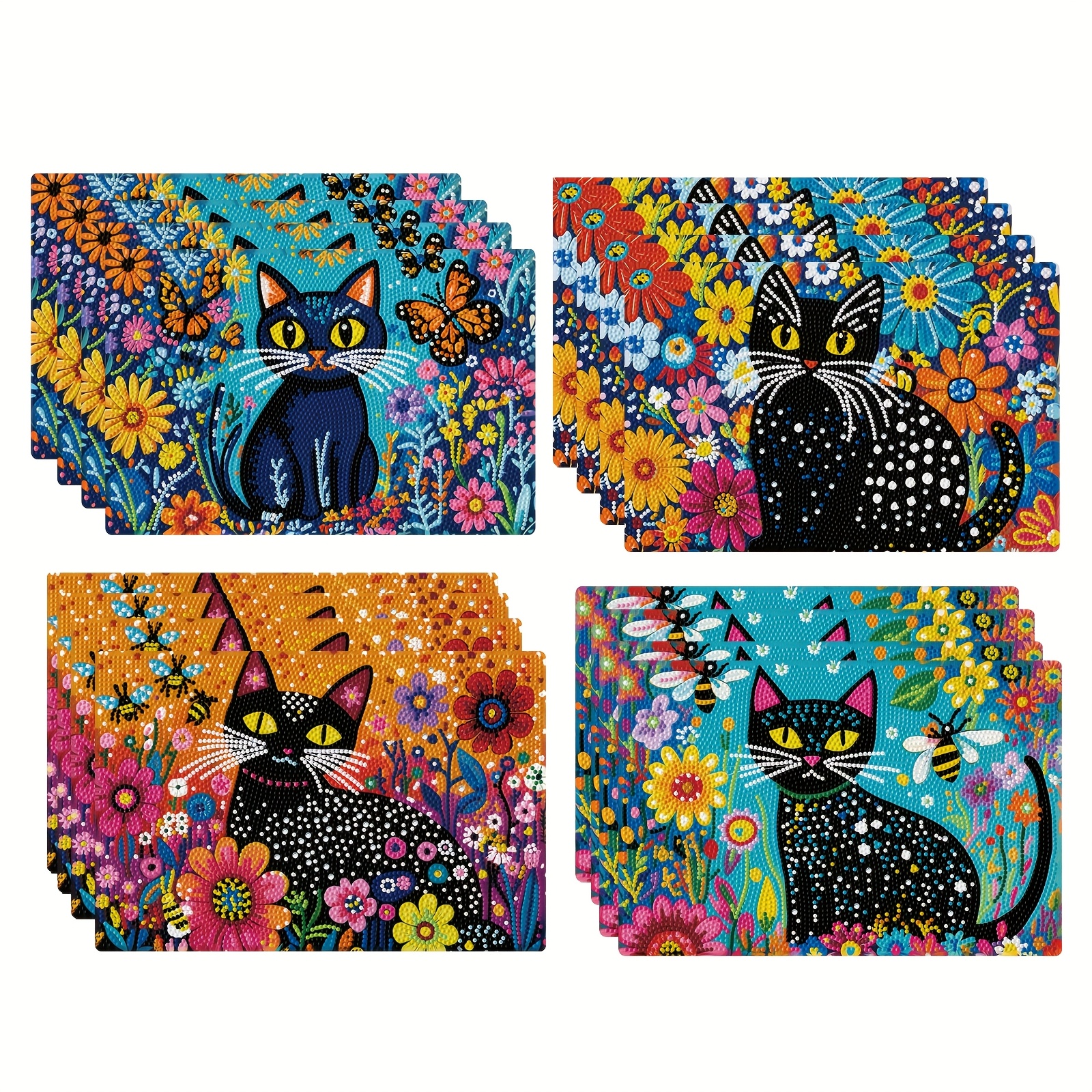TEMU 4pcs Diamond Painting Coasters Set - Black Cat Design, Non-slip Heat Resistant Table Mats For Dining Table, Kitchen, Coffee Cup, Party Decor,