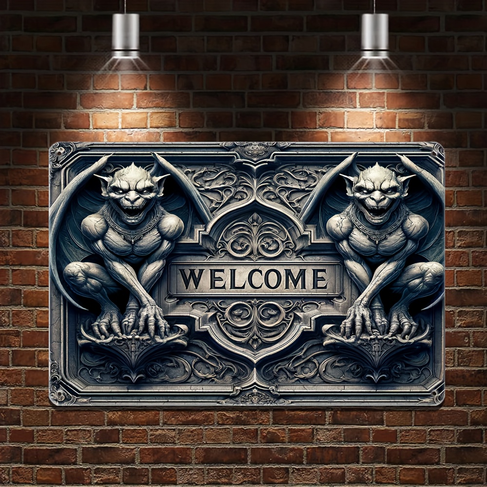 

Vintage Gargoyle Welcome Sign - Rustic Aluminum Wall Decor For Home, Garage, Cabin, Bar, Patio & Doorway - Ideal Holiday Gift (8x12 Inches)