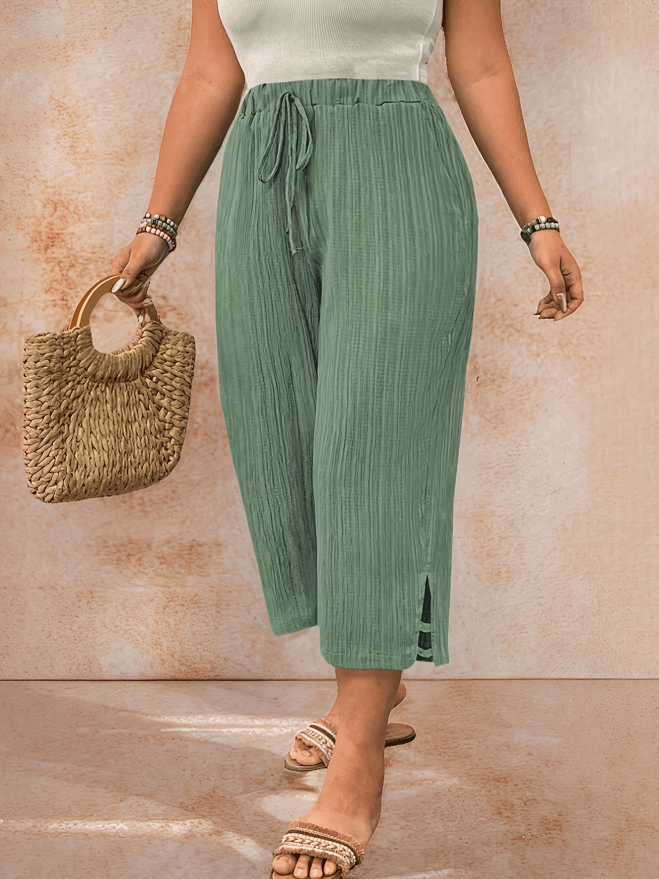 Plus Size, Spring/Autumn New Women's Casual Versatile Solid Color Capri Pants, Comfortable Non-Stretch Fabric - Drawstring Decoration - Elastic Waist with Side Pockets, Slit Shorts, Fashion Plus Size Women's Pants