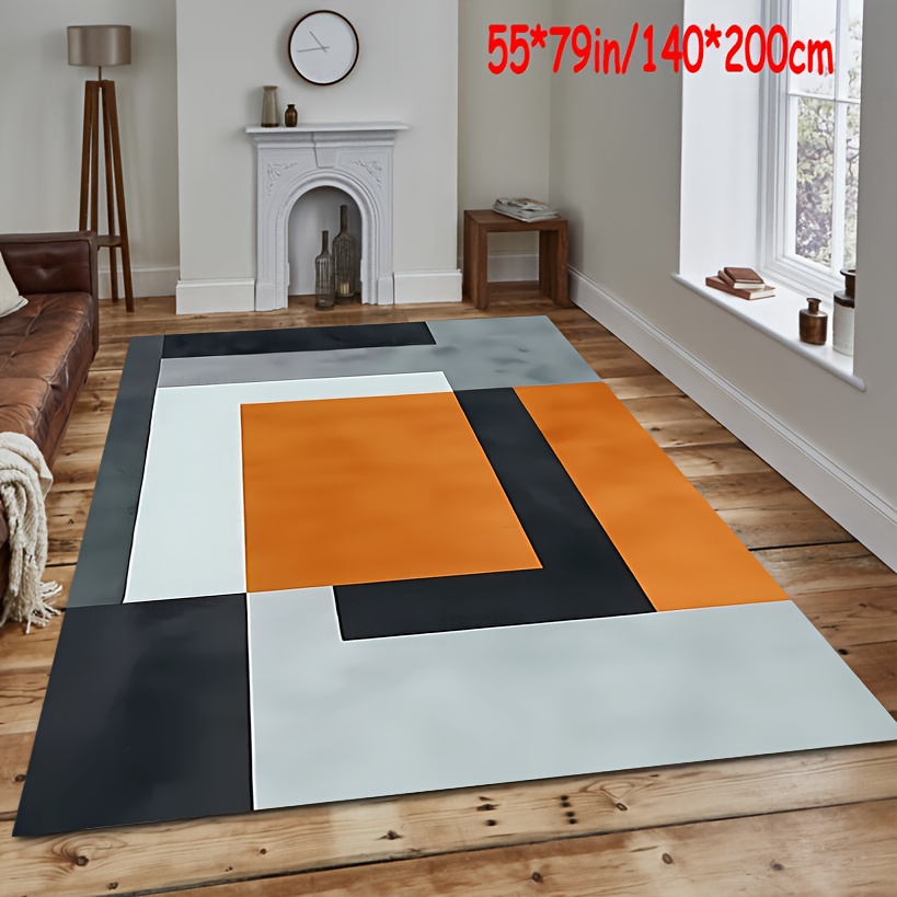 

Simple Black, Gray, And Orange Spliced Pattern Decorative Living Room Soft Carpet, Machine Washable Non-slip Carpet, Hotel Cafe Shop Carpet