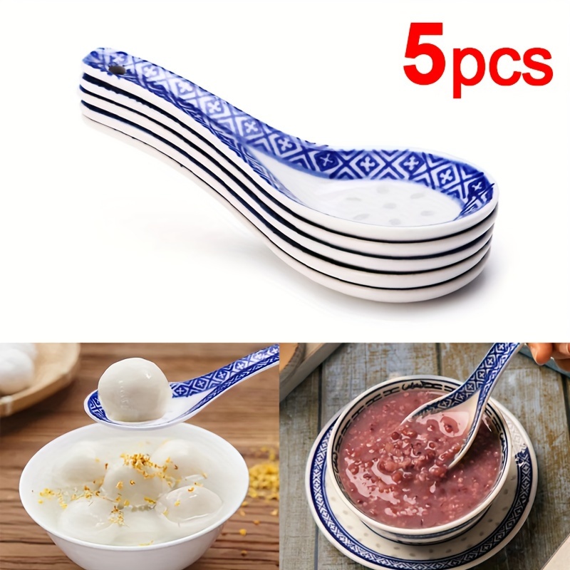 

5pcs Ceramic Spoons Set, Chinese Style Rice Scoop, Porridge Spoon, Soup Stirring Spoon, Soup Spoon, Kitchen Cooking Utensil Tool, Flatware