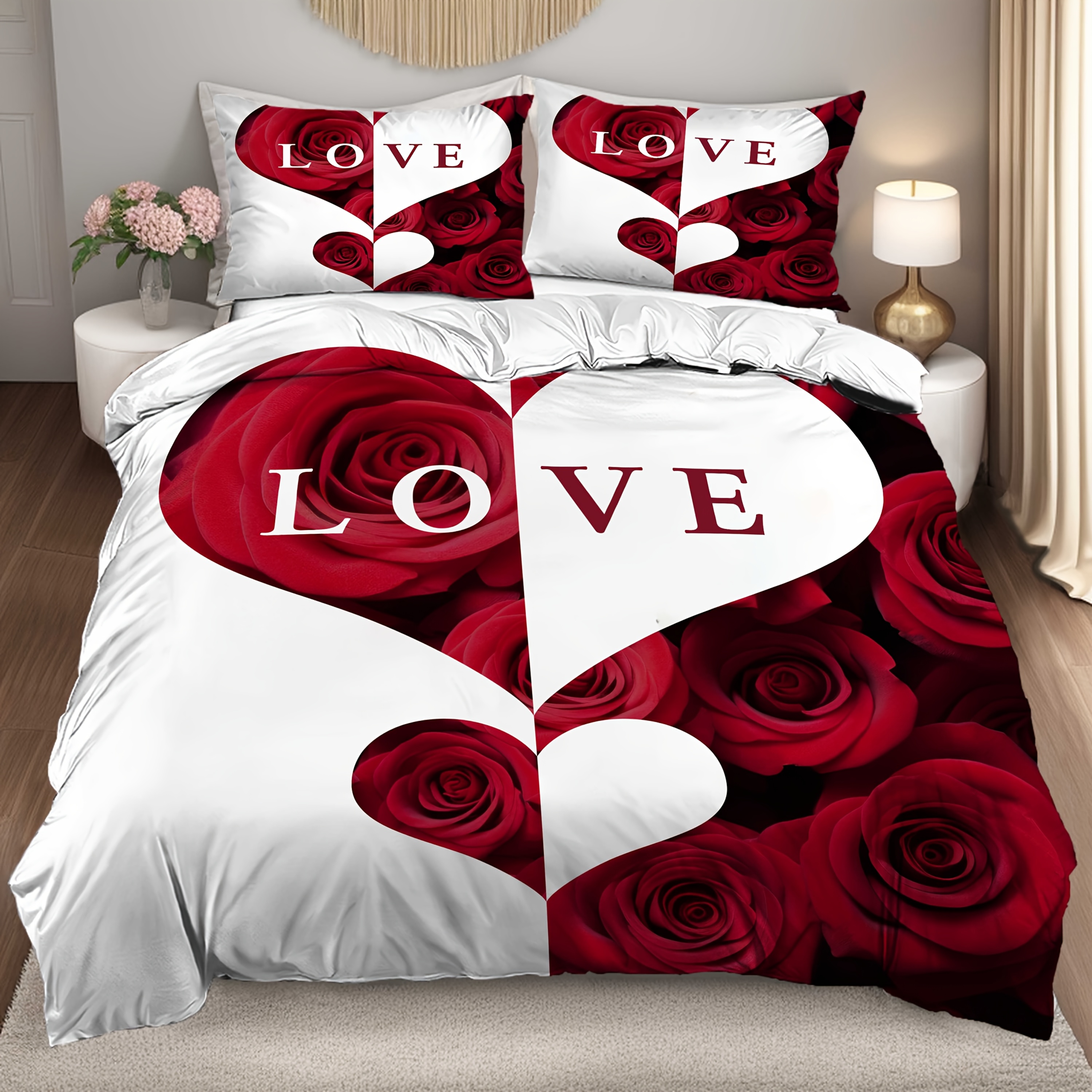 TEMU 2pcs/3pcs Duvet Cover Set (1 Duvet Cover   1pc/2pcs Pillowcase, Without Core), 3d Simple And Elegant White And Red Splicing Printed Bedding Set