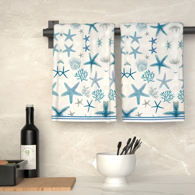 TEMU 2pcs, Starfish Marine Style Towels, Soft And Durable, Nautical Coastal Design With Patterns, Ultra-absorbent Soft Cleaning Cloth, Cooking Baking