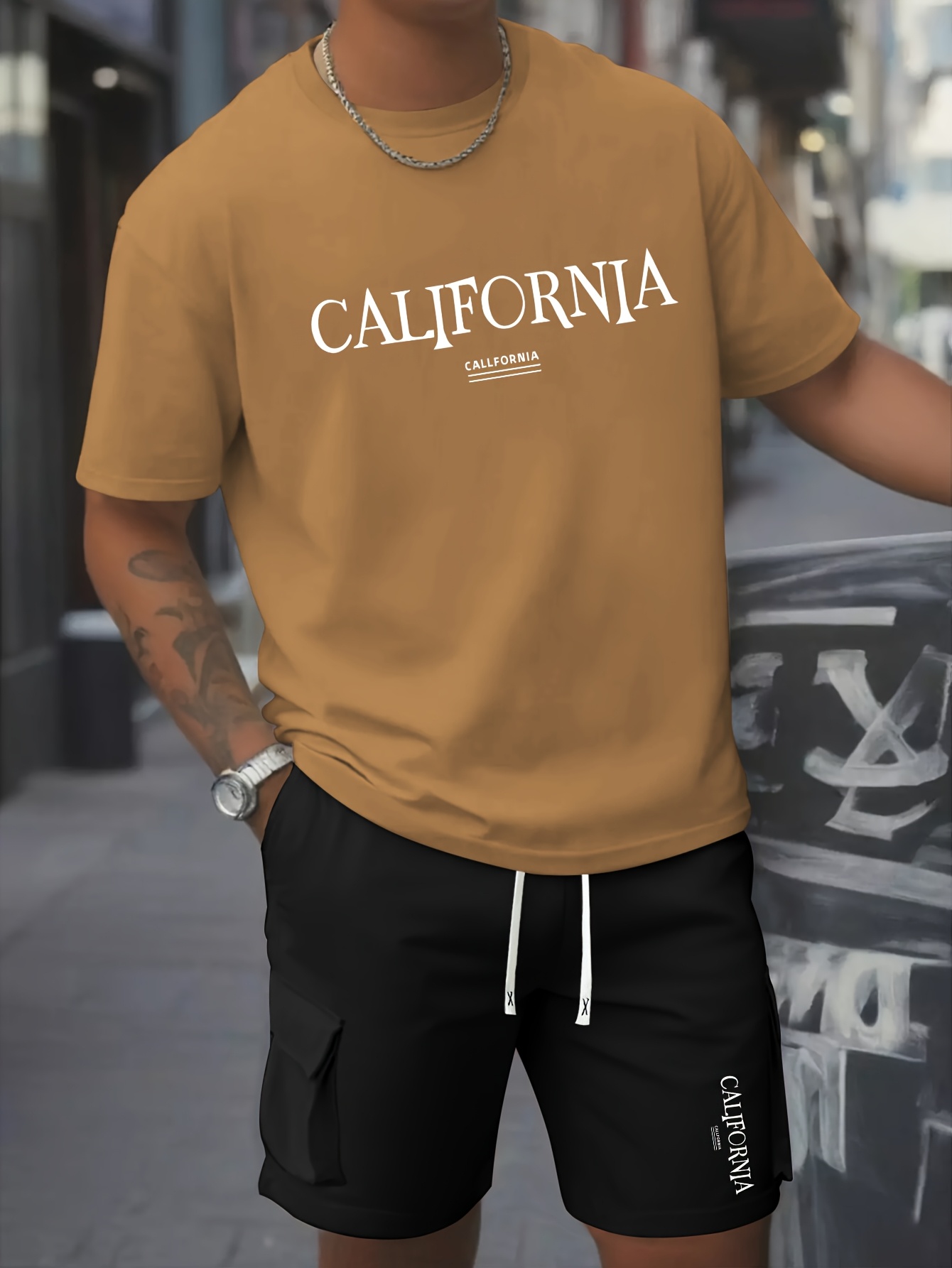 2pcs Set of Men's Comfortable Pure Cotton Round Neck T-shirt and Casual Work Shorts, Lightweight Summer Clothing