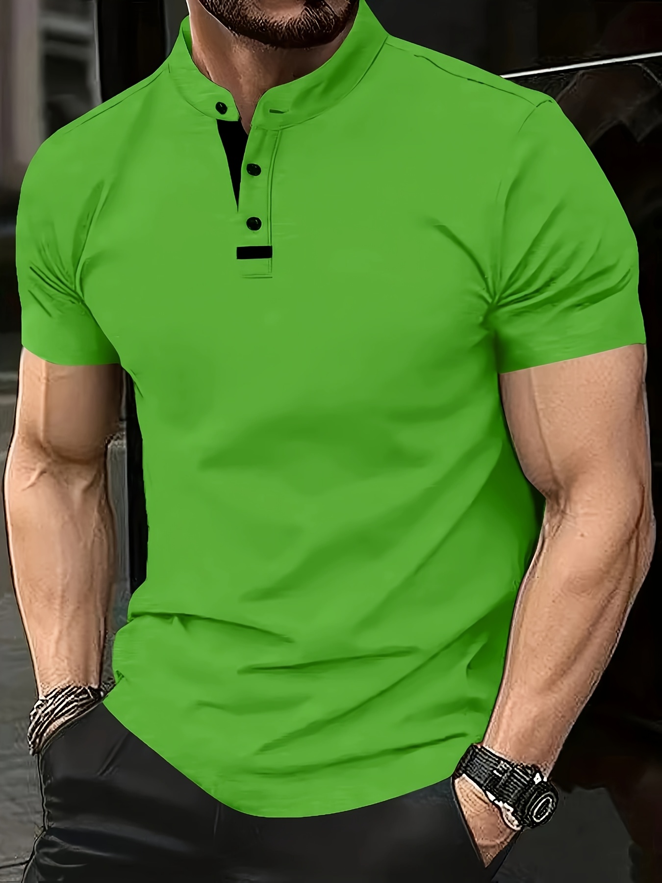 Plus-Size Men's Short-Sleeve Casual T-Shirt - Slight Elasticity, Classic Solid Color & Button Detail, Breathable Stand-Up Collar for Spring/Summer Wear, Stylish Plussize Top, PLUS SIZE