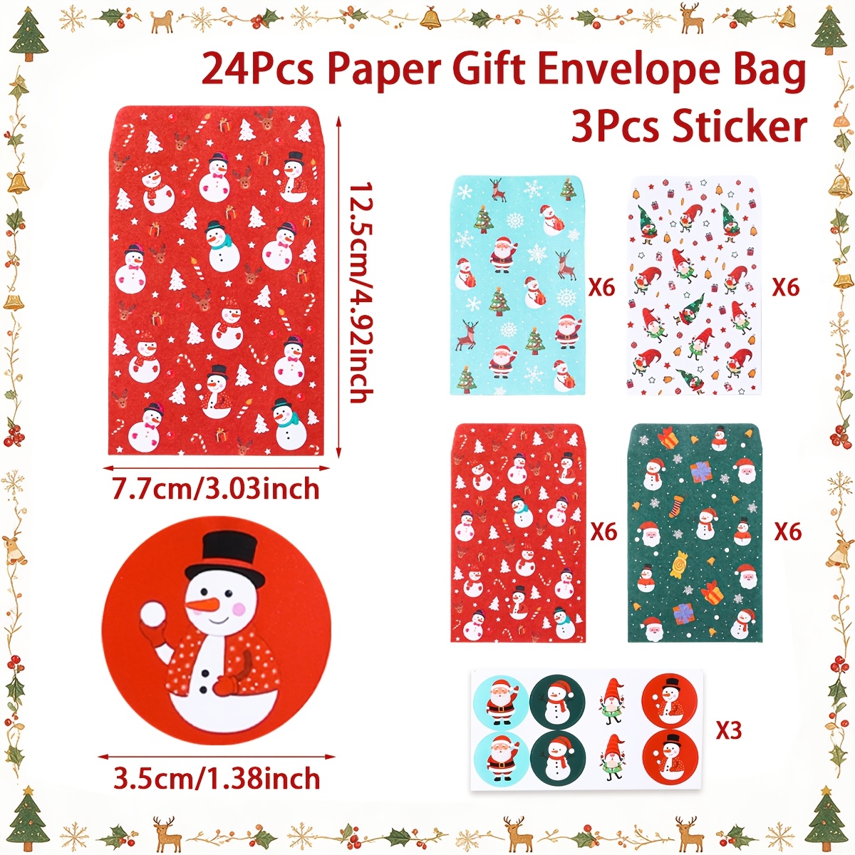TEMU 24pcs Paper Gift Envelope Bags+3pcs Stickers, Gift Bags, Christmas Mixed Full Version Envelope Bags, Santa Claus Snowman Christmas Gnome Pattern