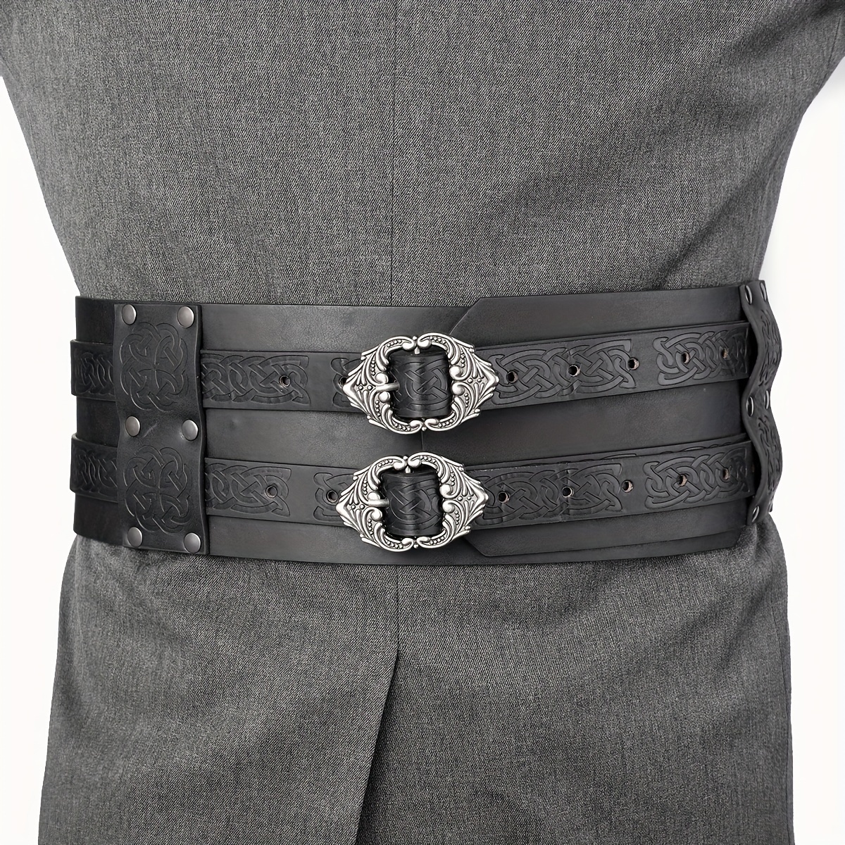 

Vintage Style Men' Pu Leather Waist Belt With , Vintage Embossed Belt With Alloy Gothic Buckle, Wide Waist Cinch For Cosplay, Larp, Role-playing, Hunting, Knight - Versatile For