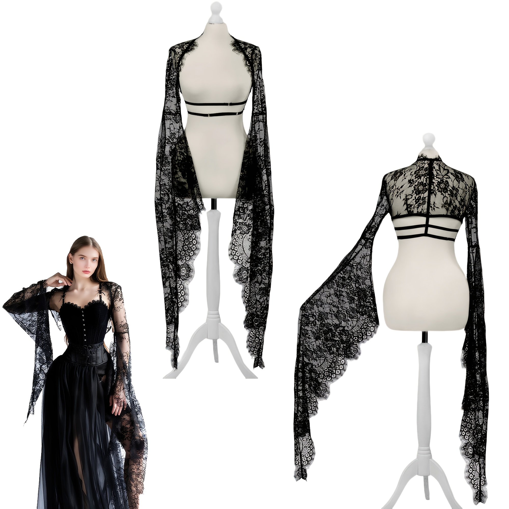 TEMU Women Goth Tops, Gothic Victorian Shrug Lace Crop Top, Semi-sheer Bell Sleeve Short Cardigan Elegant Lace Shawl Y2k Black Rave Outfit Gothic