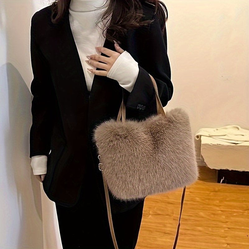   fur shoulder bag for women lightweight and stylish cute plush crossbody bag for autumn winter versatile   beige black options foldable no accessories included details 3