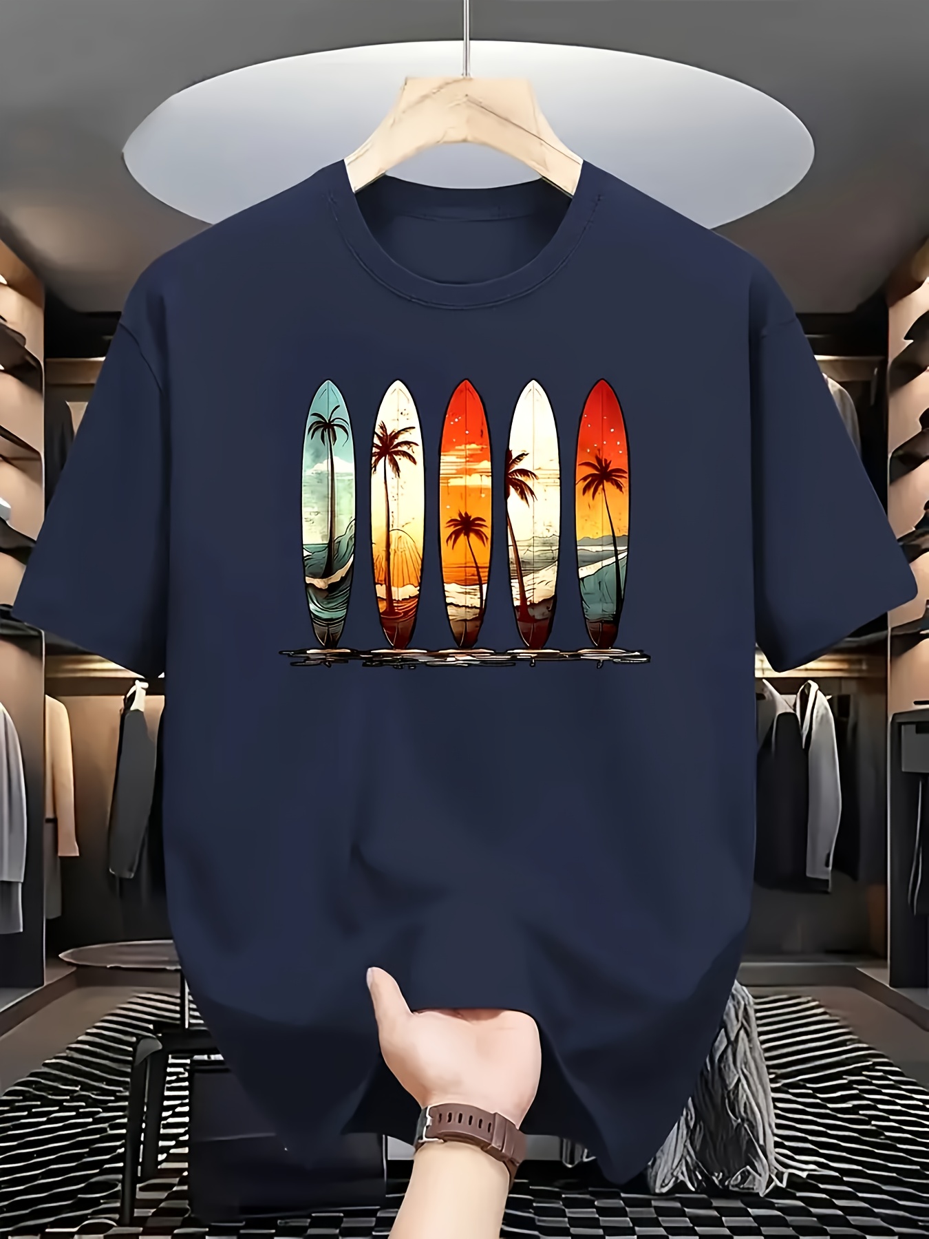 s retro surf t shirt with 5 panel vertical surfboard tropical beach scenes hawaiian palm tree sunset print short sleeve casual summer shirt for surfing beachwear vacation outfits machine washable